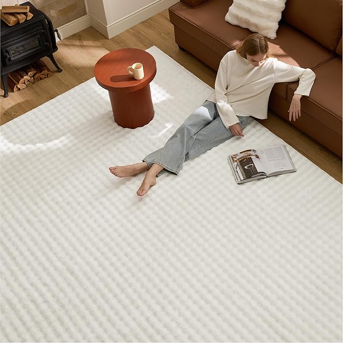 Bedsure 5x7 Fluffy Area Rugs for Living Room, Machine Washable Rugs, Non-Slip Backing, Non-Shedding, Pet Friendly Throw Rug for Bedroom Dining Room, Coconut White