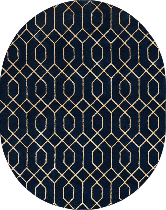 Unique Loom Glam Collection Area Rug - Trellis (7' 10' x 10' Oval, Navy Blue Gold/ Gold)