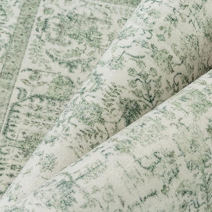 Sage Green Area Rug 3x4 Washable Office Entryway Carpet Vintage Distressed Non Slip Kitchen Indoor Entry Neutral Low Pile Retro Floral Farmhouse Throw Mat for Laundry Dining Room Bedroom