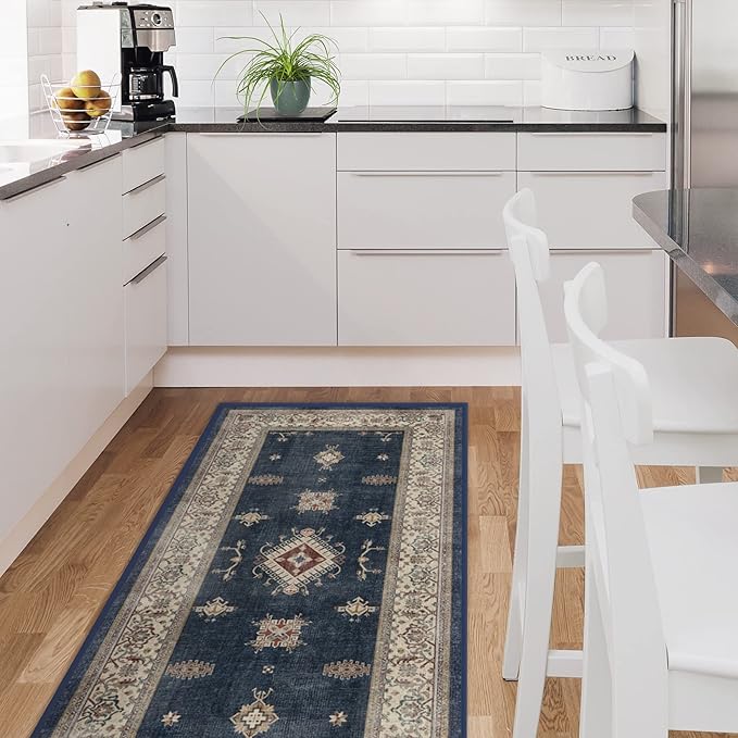 RUGGABLE Washable Vintage Runner Rug – Verena Sapphire 2.5x12, Stain-Resistant, Non-Slip Hallway Runner – Machine Washable Rug for Hallway, Entryway, Living Room & Kitchen–with Standard Pad