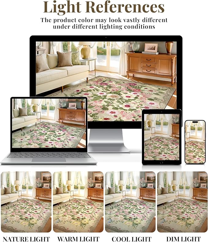 Floral Washable 5x7 Area Rugs - Living Room Rug Non Slip Low Pile Stain Resistant Carpets Indoor Vintage Flower Print Rug for Bedroom Dining Room Kitchen Home Office, Brown