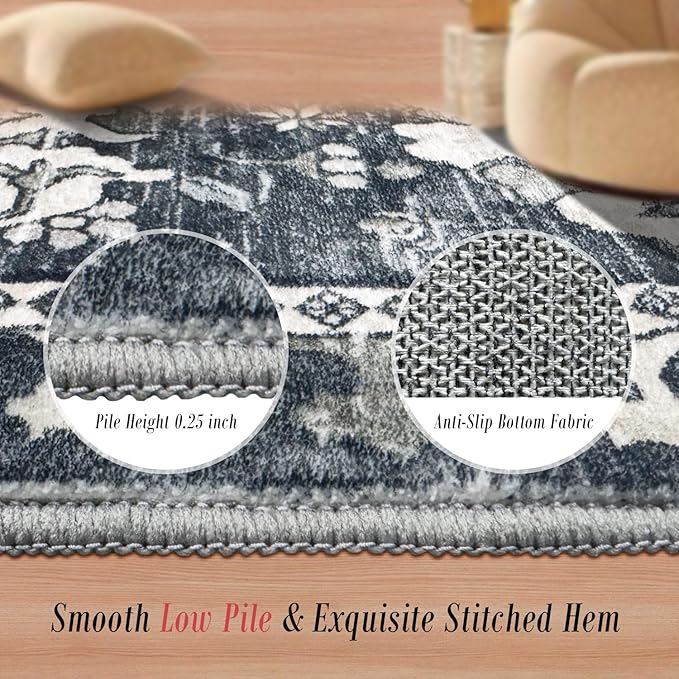 RUGSURE Washable Area Rugs - Perfect for Living Room, Bedroom, Kids Room, Nursery - Stain & Water Resistant Non-Slip, Pet & Child Friendly, Vintage Tribal Area Rugs (Grey, 6' x 9')