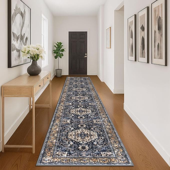 KOZYFLY Runners for Hallways 3x16 Ft Extra Long Washable Kitchen Thin Runner Rug Boho Runner Rug for Entryway Indoor Printed Faux Wool Stair Floor Carpet for Stair Kitchen Hall, Gold/Navy