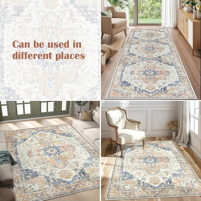 jinchan Kelda Runner Rug 2x5 Hallway Rug Washable Runner Vintage Mat Retro Print Lightweight Non-Slip Accent Floor Cover Distressed Thin Carpet for Entryway Bathroom Bedroom Laundry Room Orange
