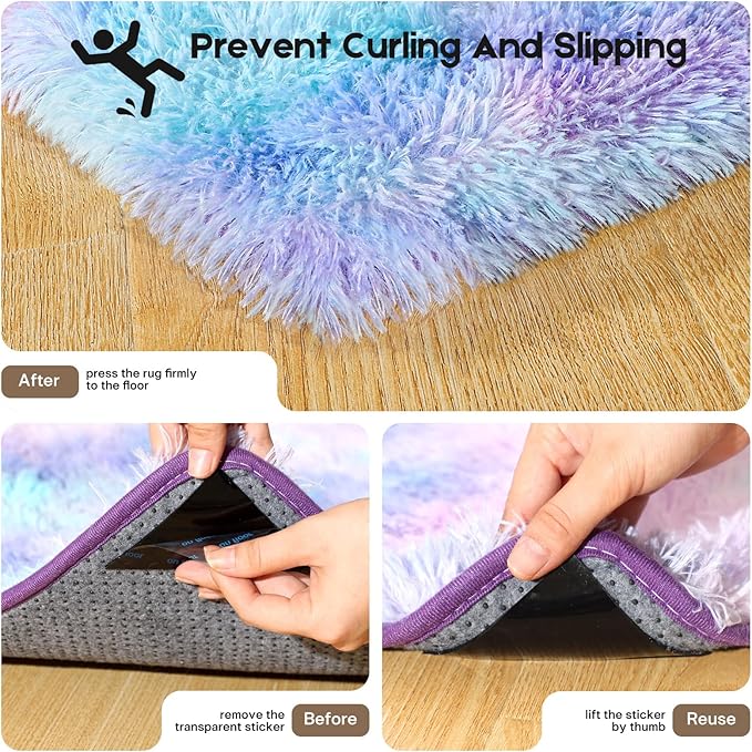 4x6 Rugs for Bedroom, Fluffy Small Area Rugs for Living Room, Soft Shag Fuzzy Carpet with 4 Non-Slip Stickers for Kids Boys and Girls Nursery Dorm Room Home Decor (Rainbow, 4ft x 6ft)