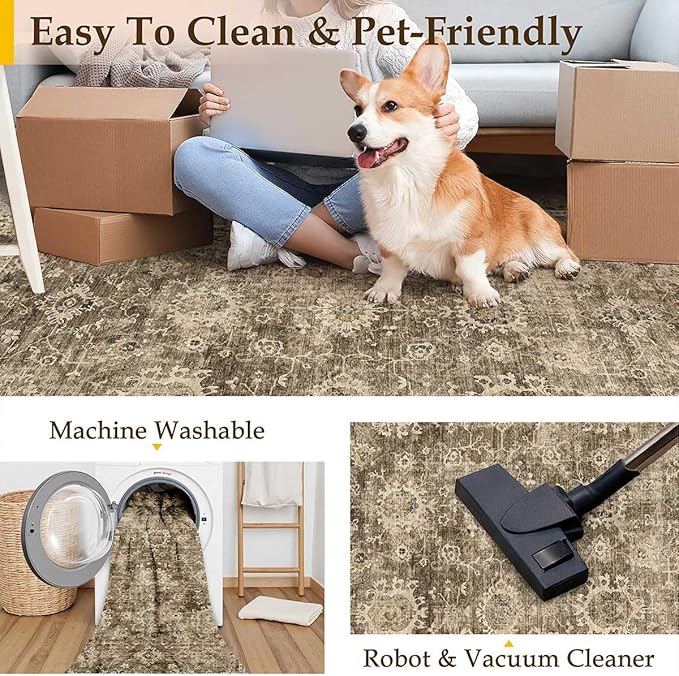 8x10 Washable Area Rug for Living Room Bedroom Brown Vintage Large Distressed Rustic Low Pile Carpet Non-Slip Lightweight Vacuumable Soft Throw Rug for Indoor Dining Room