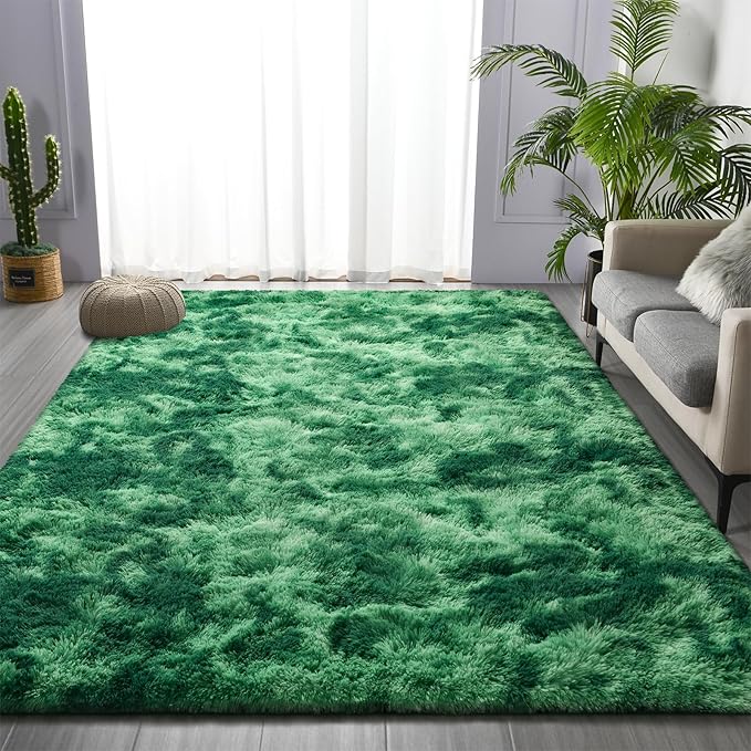 Large Shag Area Rugs 8 x 10, Plush Fuzzy Rugs for Living Room, Ultra Soft Fluffy Furry Rug for Bedroom, Indoor Carpet Nursery Rugs for Kids Room Home Decor, Tie-Dyed Emerald Green