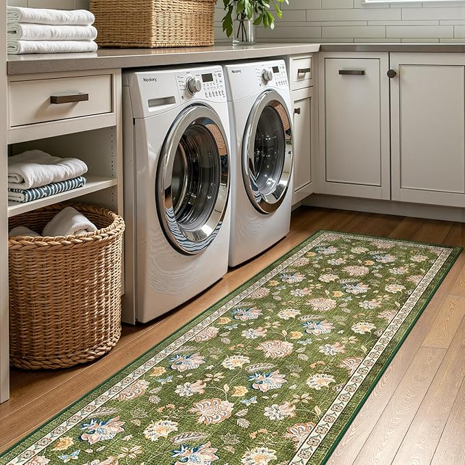 jinchan Elora 3x8 Floral Runner Rug for Hallway Washable Kitchen Runner Vintage Romance Design Non Slip Thin Indoor Floor Cover Low-Profile Throw Carpet for Entryway Bathroom Bedroom Porch, Green