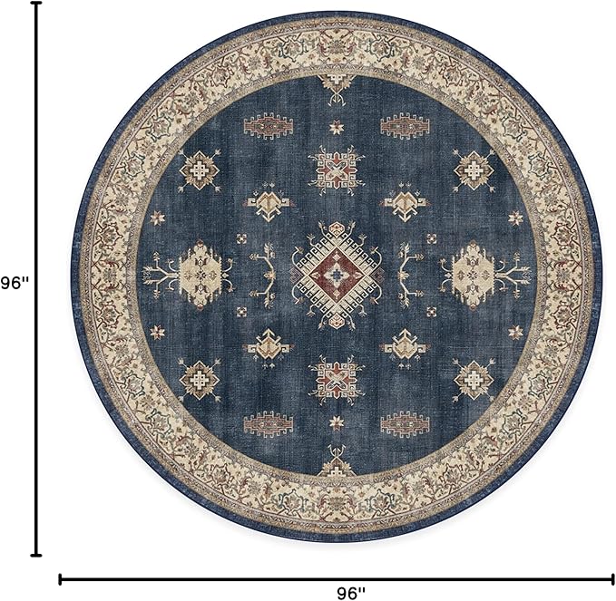 RUGGABLE Washable Vintage Area Rug – Verena Sapphire 8 ft Round, Stain-Resistant, Non-Slip – Large Machine Washable Rugs for Living Room, Bedroom, Hallway, Entryway & Office–with Standard Pad