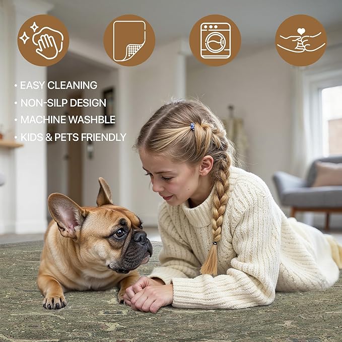 9x12 Area Rug Machine Washable Boho Rug for Living Room,Ultra-Thin Low Pile Carpet,Lightweight Indoor Printed Rug,Non Slip Floral Area Rug for Bedroom, Dining Room, Home Office,Muted Green
