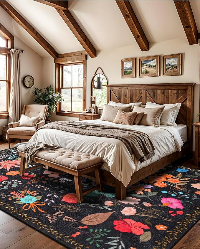 Area Rug 8x10, Washable Large Rugs for Living Room, Non Slip 0.27″ Low Pile Vintage Floral Large Carpet for Bedroom, Living Room, Dining Room, Kids Playroom (Black)
