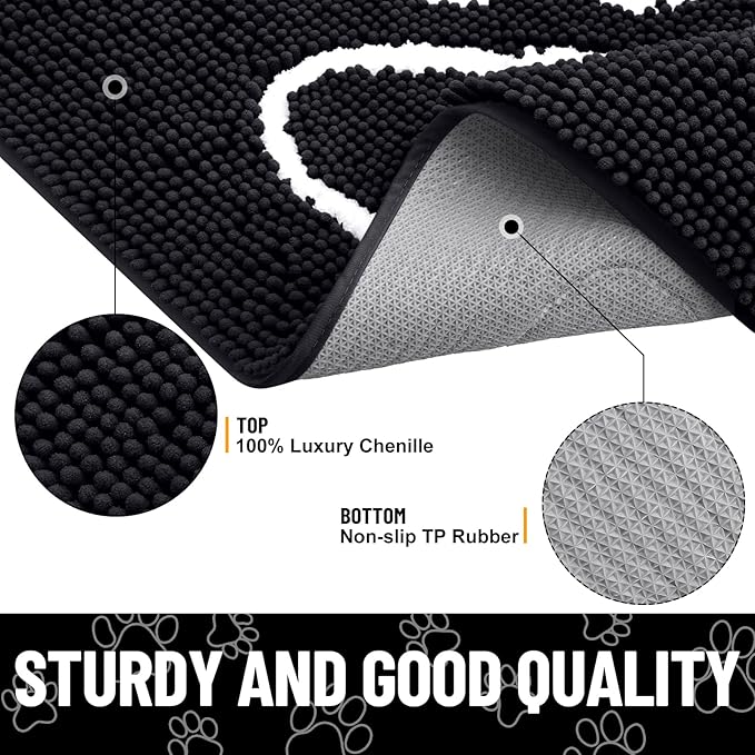 Smiry Dog Door Mat for Muddy Paws, Absorbent Dirt Trapper Non Slip Quick Dry Washable Chenille Mat for Mud Dogs, Entry Rug for Indoor and Outdoor (59x35 Inches, Black and White)