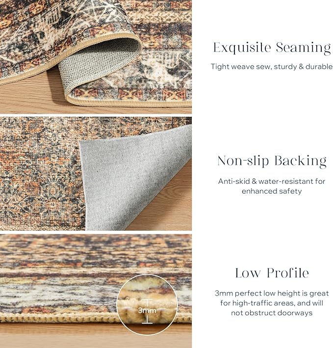 Phantoscope Washable Area Rug 5'x7' Non-Slip, Vintage Neutral Rugs for Living Room, Bedroom, Dining Room, Distressed Boho Floral Medallion Pattern, Low-Pile Foldable Carpet, Brown/Charcoal Spice