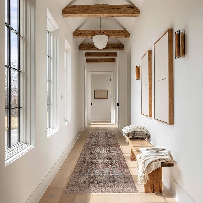 Kuden 2'6"x10 Runner Rug, Machine Washable Area Rug with Non-Slip Backing, Vintage Style, Soft, Easy Clean, Low Pile Rug for Hallway, Entryway, Kitchen, Bedroom