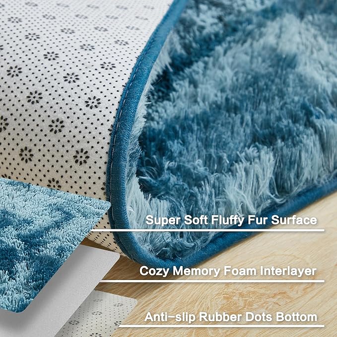 Andency Soft Area Rugs for Living Room Bedroom, 5x8 Fluffy Shaggy Bedside Rug, Non-Slip Large Shag Fuzzy Plush Carpets for Bedroom Kids Dorm Nursery Home Decor Aesthetic, Tie-Dyed Navy Blue