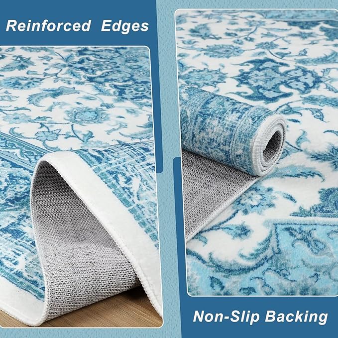 5x7 Area Rug for Bedroom, Machine Washable Rugs with Non-Slip Backing for Living Room, Soft Vintage Carpet Kitchen Laundry Kids Room Decor, Celestial Blue