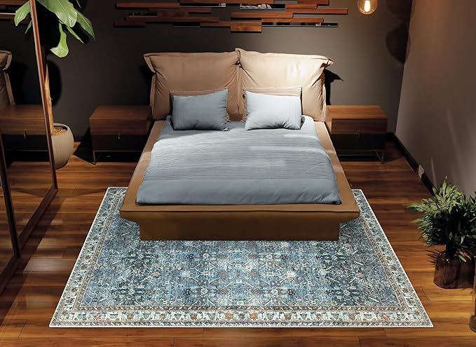 Bloom Rugs Washable Non-Slip 5' x 7' Rug - Blue/Beige Traditional Area Rug for Living Room, Bedroom, Dining Room, and Kitchen - Exact Size: 5' x 7'