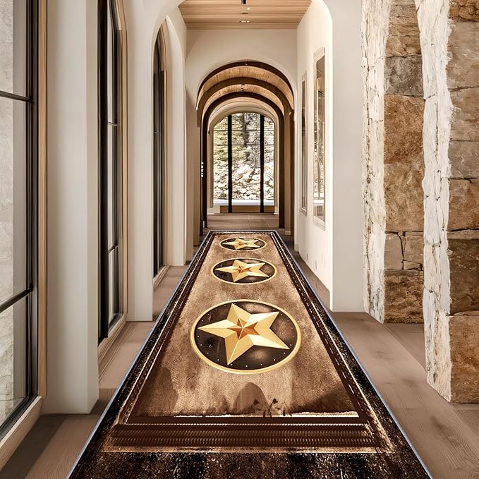 Gold Five-Point Star Runner Rug, 3x8ft Washable Hallway Badge Carpet, Corridor Accent Rugs, Stylish Decorative Runner for Home Hallway & Foyer, Vintage Style Non-Slip Mat