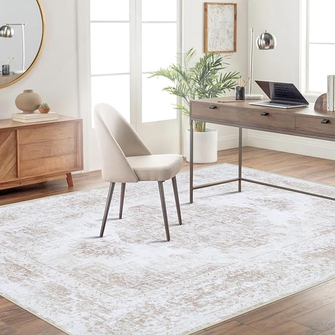 Area Rug 4x6 Vintage Rug, Machine Washable Vintage Distressed Medallion Rug Non-Slip Soft Low Pile Large Indoor Rugs for Bedroom Kitchen Dining Room Office(Beige,4'x6')
