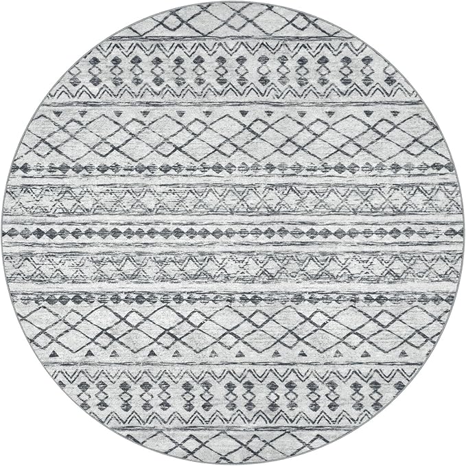 KUTA Boho Round Area Rugs 6Ft Grey Moroccan Circle Washable Rug Non-Slip, Soft Distressed Geometric Low-Pile Throw Carpet for Living Room Bedroom Nursery Dorm Decor