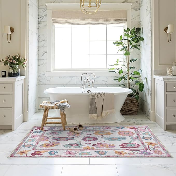 Fame Living Pink Oushak Rug, Modern, Vintage, Turkish, Eclectic, Floral, Pastel, Washable, Area Rugs for Living Room, Dining, Bedroom, Office, Entryway, Foyer, Playroom, Nursery, 5'x6'9"