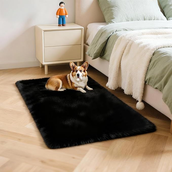 2x3 Solid Fluffy Black Area Rug – Washable, Durable, Small Bedroom Rug, Non-Slip High Pile Shag Rugs for Living Room, Bedroom, Bedside, Dorms,Grils Rooms, Kids Room, Soft Indoor Floor Carpet