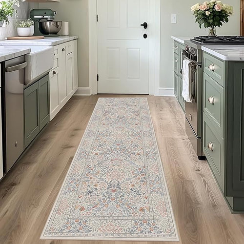 2x6 Floral Washable Area Rugs for Living Room, Vintage Boho Large Rug for Bedroom Dining Room， Distressed Botanical Birds Non Slip Low Pile Forest Animal Throw Carpet for Farmhouse Office, Beige Blue