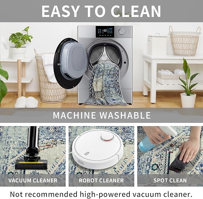 Easy-Going Round Area Rug 3ft Washable Boho Small Circle Rugs for Living Room Non-Slip Bedroom Rug Low Pile Lightweight Vintage Distressed Throw Rug for Dining Room Kitchen Home Office, Blue Cream