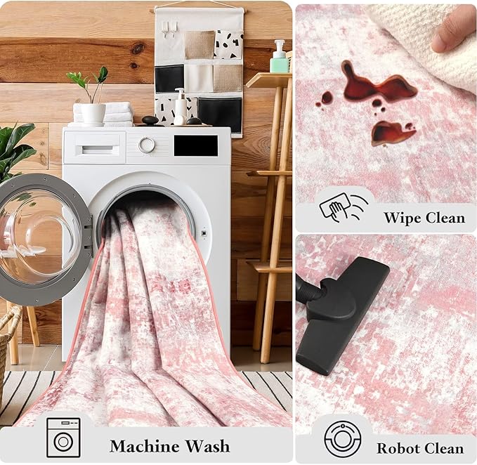 Washable Abstract Rug, 5x7 Modern Area Rugs with Non-Slip Rubber Backed for Living Room, Thin but Soft Contemporary Carpet Kitchen Bedroom Dining Room Decor, Pink