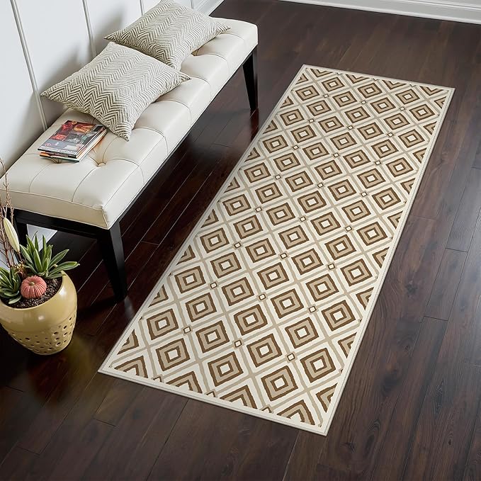 Bavni Hallway Runner Rug Machine Washable, 2x5 Non Slip Lightweight Washable Runners, Moroccan Checkered Rug for Entryway Laundry Kitchen Bathroom Corridor Bedside, Yellow Brown
