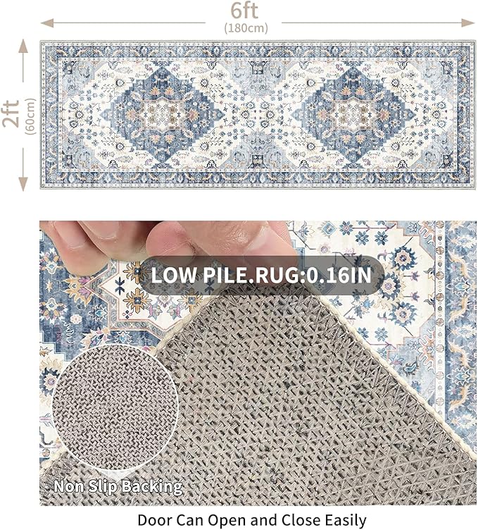 Enkor Runner Rugs for Hallway, 2x6 Washable Soft Non Slip Floor Rugs for Kitchen, Modern Mat for Living Room Bedroom Entryway Blue & White