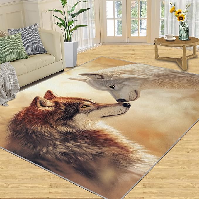 Wolf Rugs for Bedroom - 4x6 Area Rug - 3D Wolf Rugs for Living Room, Misty Forest Rug, Non-Slip Washable Home Decor Carpet