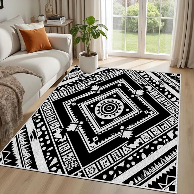 Area Rugs for Living Room 6x9, Moroccan Washable Low Pile Rug, Boho Neutral Farmhouse Ultra Soft Carpet for Bedroom Dining Room Home Decor, Geometric Print Tribal Carpets Black and White
