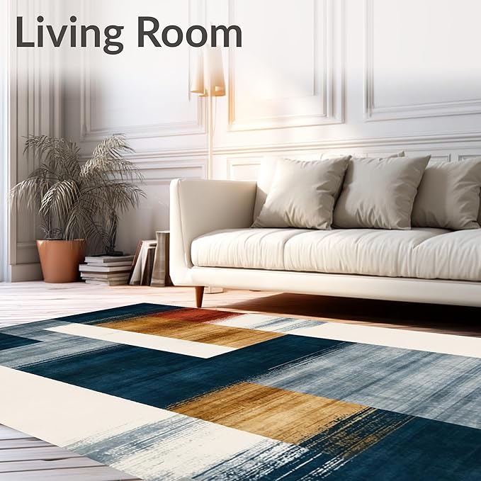 Flatwoven High Traffic Area Rug 5x7, Eclectic Funky Ink Wash Design Abstract Area in Multi Tone, Non Slip, Stain Resistant, Washable Area Rugs for Living Room, Bedroom (Blue, 5x7)
