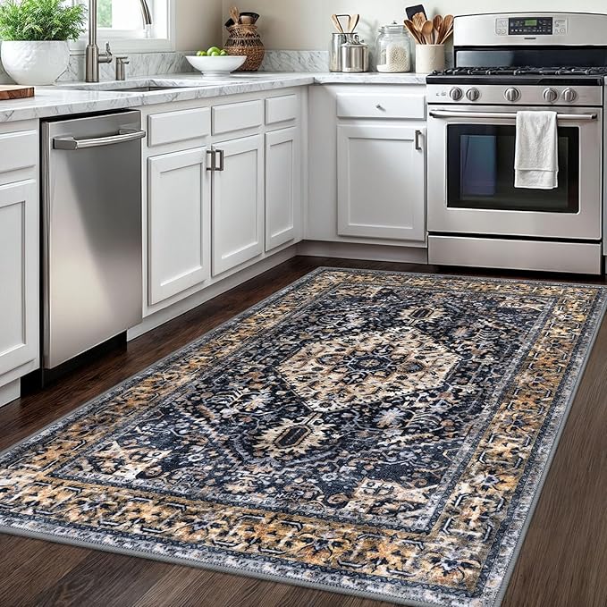 KOZYFLY Boho Area Rug 4x6 Ft Rugs for Entryway Washable Entry Rug Non Slip Rugs for Living Room Gold Navy Printed Faux Wool Vintage Bedroom Throw Rug for Entrance Kitchen Living Room