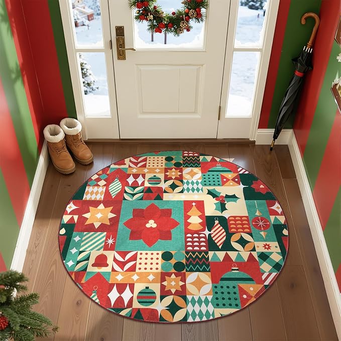 jinchan Round Christmas Rug 5ft for Living Room Washable Circle Christmas Bedroom Rug 5' Round Xmas Geometric Non-Slip Soft Carpet Festive Red-Green Holiday Patch Decor for Entryway Porch Kitchen