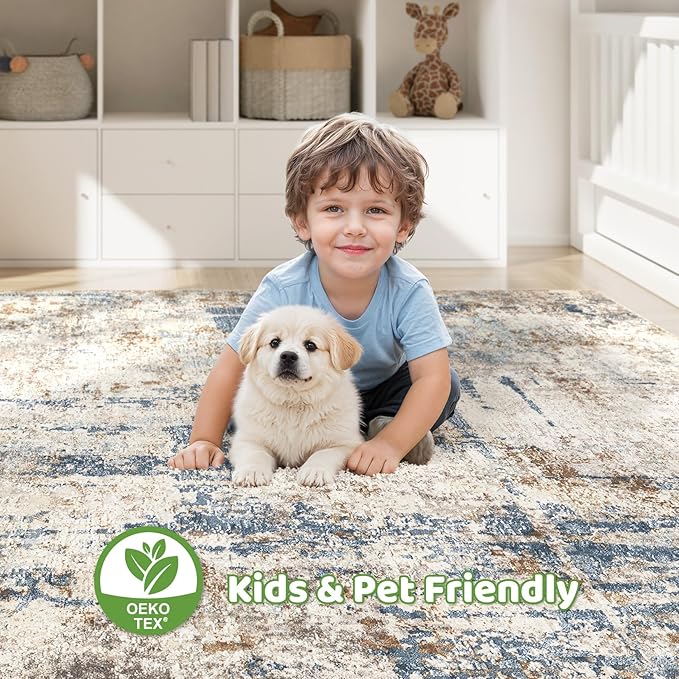 10x14 Area Rugs Living Room: Washable Large Abstract Modern Soft Rug Stain Resistant Indoor Floor Non Slip Accent Carpet for Bedroom Nursery Playroom Office Dining Room Dorm Home House- Blue