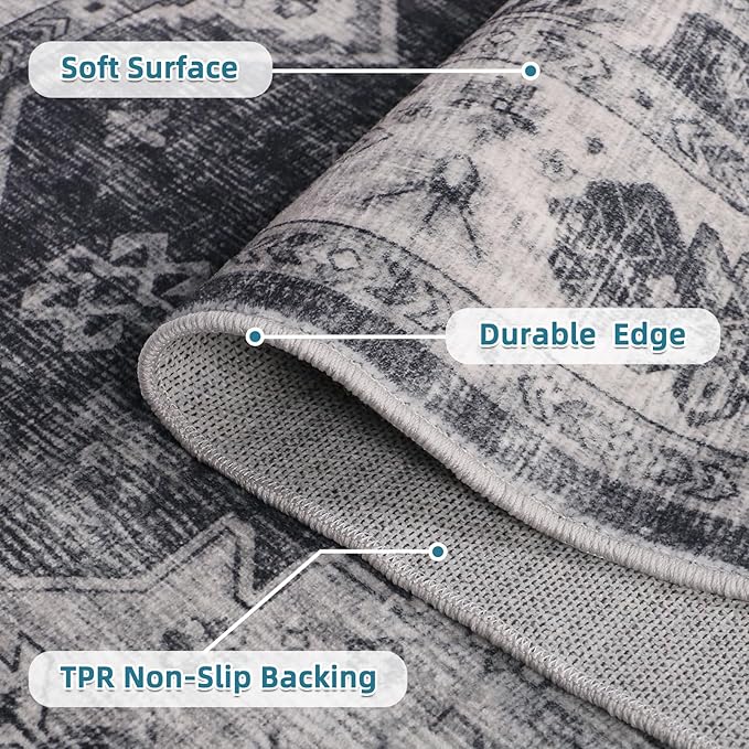 Dripex Vintage Washable Rug 3x5 Area Rug for Living Room Soft Bedside Rug Low-Pile Non-Skid Kitchen Rug Entryway Mat Farmhouse Office Carpet Home Decor