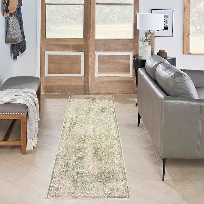 Nourison Home Astra Machine Washable Ivory Green 2'2" x 10' Area Rug - Easy Clean, Non Shedding, Bed Room, Living Room, Dining Room, Kitchen (10' Runner)
