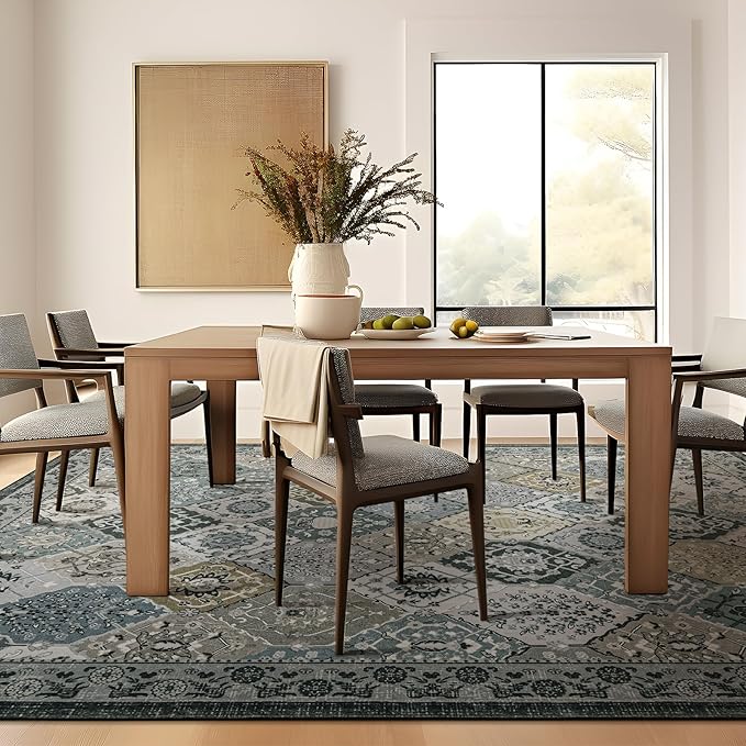 Phantoscope Washable Area Rug 6'x9' Non-Slip, Vintage Boho Rugs for Living Room, Bedroom, Dining Room, Distressed Moroccan Mosaic Diamond Pattern, Low-Pile Foldable Floor Carpet, Grey Charcoal