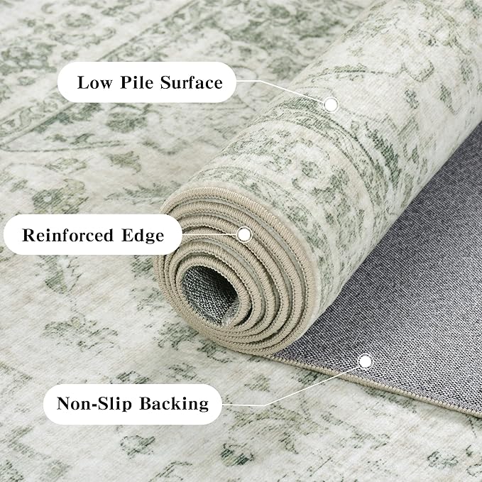 9x12 Vintage Washable Area Rugs Boho Medallion Large Distressed Retro Accent Carpet Floral Non-Slip Soft Low Pile Indoor Throw Rug for Living Room Bedroom Dining Room Office Kitchen, Green
