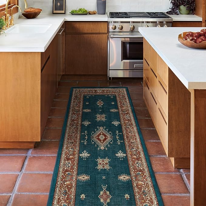 RUGGABLE Washable Vintage Area Rug – Verena Teal Blue 9x12, Stain-Resistant, Non-Slip – Large Machine Washable Rugs for Living Room, Bedroom, Hallway, Entryway & Office–with Cushioned Pad