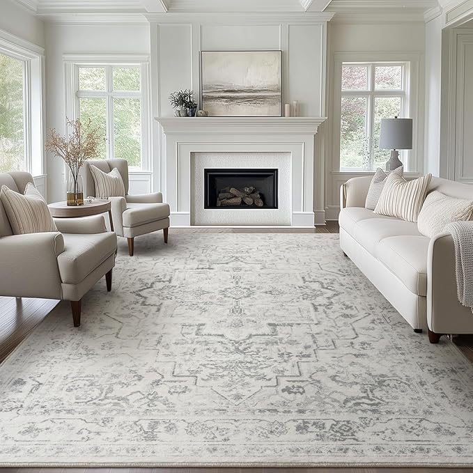Farmhouse Distressed 8x10 Rugs for Living Room Bedroom, Washable Non Slip Dining Room Rugs for Under Table, Low Pile Thin Soft Carpet Medallion Pattern Printed Boho, Off White/Grey