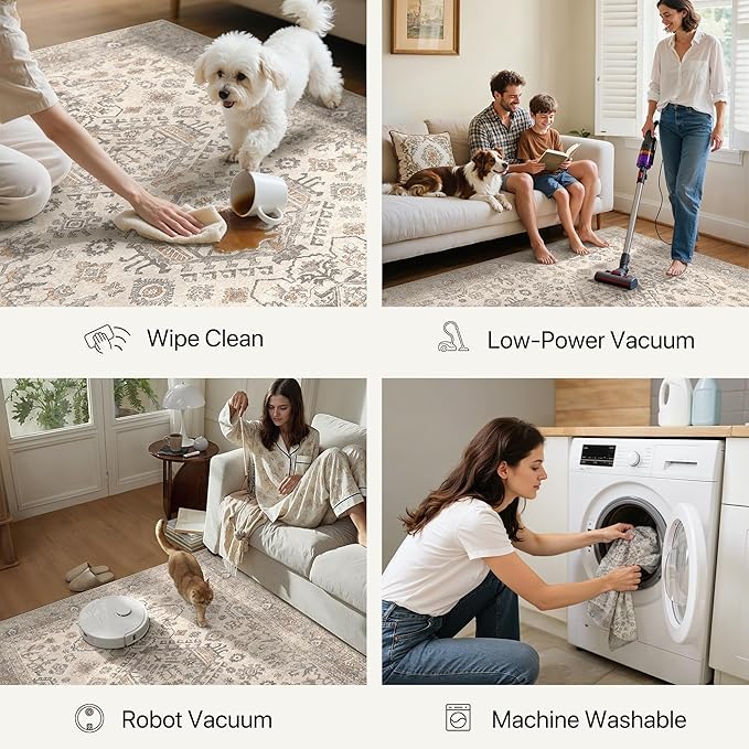 Bavni 3x5 Area Rug for Living Room Bedroom, Washable Boho Print Vintage Aesthetic Rug, Ultra-Thin Low Pile Rugs for Entryway Playroom with Non Slip Backing, Light Taupe Brown