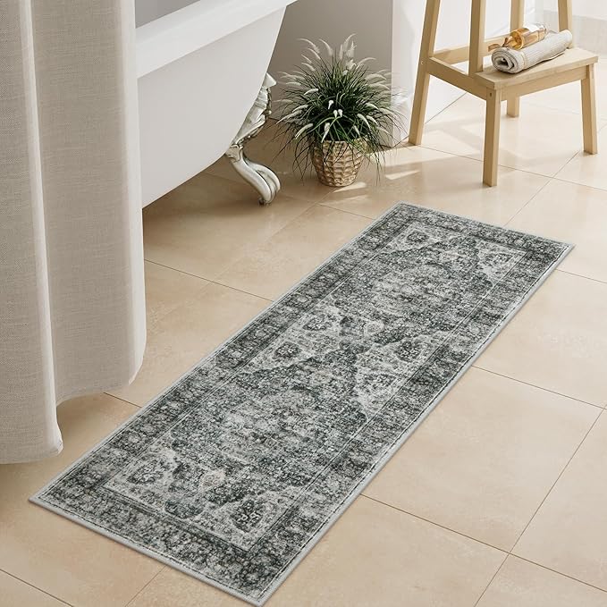Uphome Brown Bathroom Rugs, Distressed Farmhouse Boho Bath Mat, Non Slip Washable Soft Velvet Bath Mats for Bathroom Floor, Vintage Traditonal Bath Runner for Bathtub Sink Shower, 18x47 inch