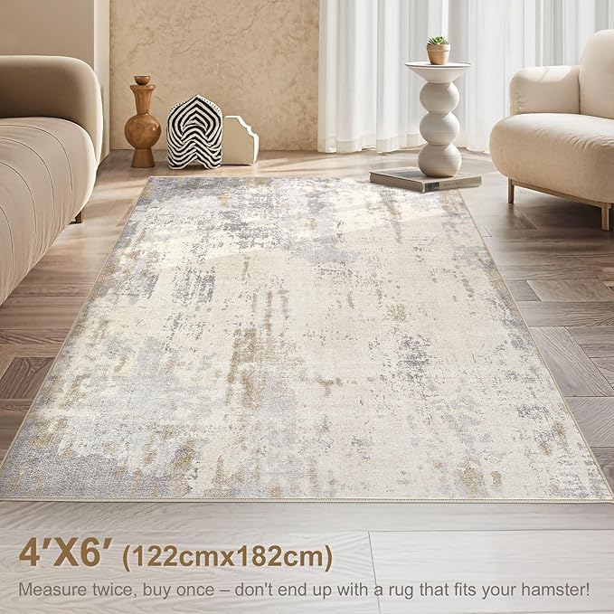 4x6 Area Rug Living Room Rugs - Washable Neutral Modern Abstract Soft Thin Rug Indoor Floor No Slip Rug Carpet for Bedroom Under Dining Table Home Office Decor - Light Brown/Gray