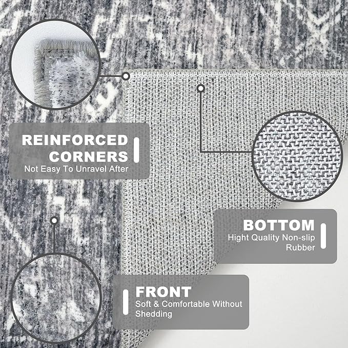 KILOCOCO Boho Entryway Rug 2x3 Printed Small Area Rug Indoor Door Mat Machine Washable Kitchen Rugs Super Soft Non Slip Throw Rugs for Bedroom Entrance Geometric Laundry Room, Grey