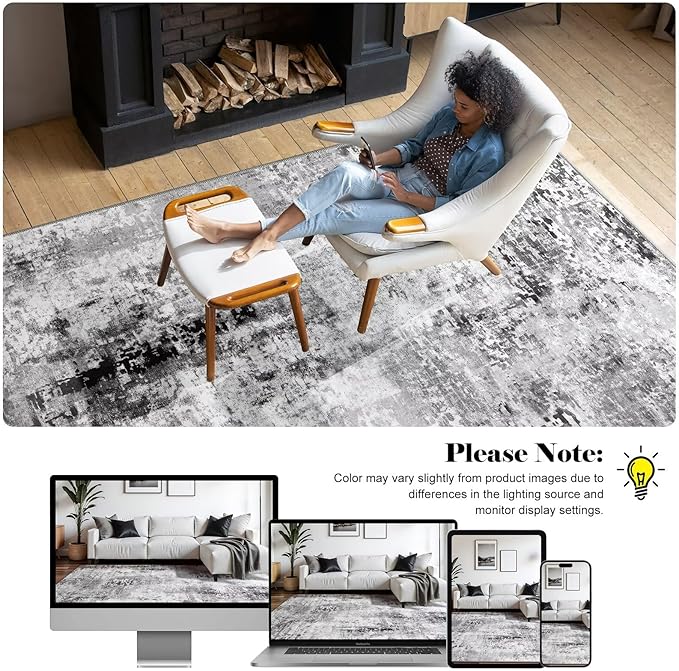 Washable Abstract Rug, 5x7 Modern Area Rugs with Non-Slip Rubber Backed for Living Room, Thin but Soft Contemporary Carpet Kitchen Bedroom Dining Room Decor, Dark Grey