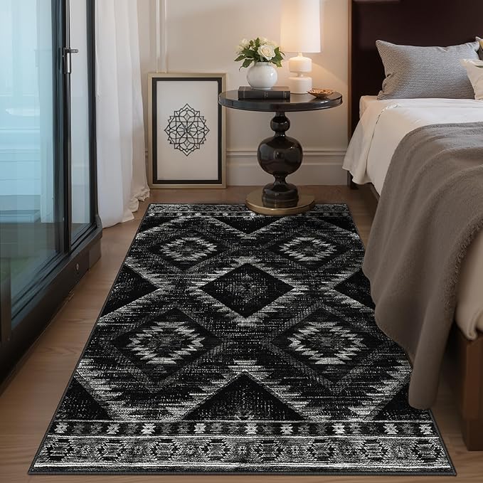Area Rug 3x4 Rug Machine Washable Non-Slip Low Pile Print Pattern Western Rug for Living Room Bedroom Entryway Tribal Series-Black