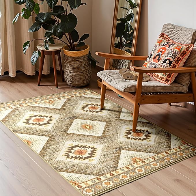 Area Rug 3x4 Rug Machine Washable Non-Slip Low Pile Print Pattern Western Rug for Living Room Bedroom Entryway Tribal Series-Cream/Camel